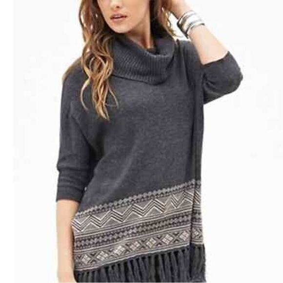 Forever 21 Sweaters - Forever 21 Grey Fringed Tasseled Cowl Neck Sweater